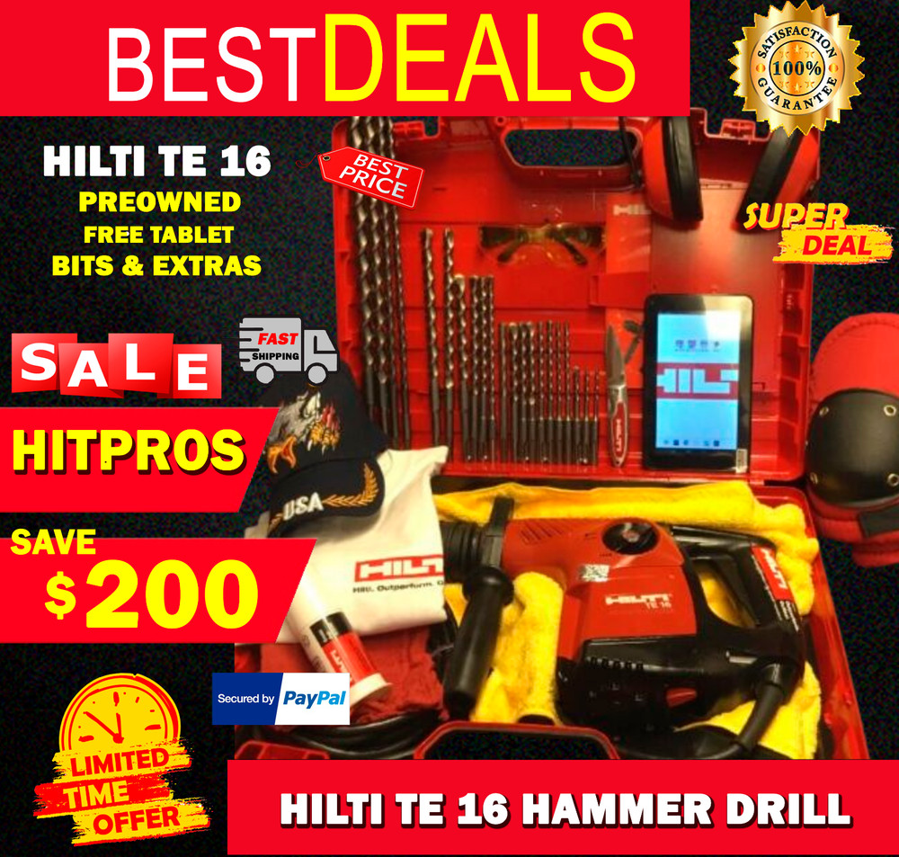 HILTI TE 16 HAMMER DRILL, PREOWNED, FREE TABLET, BITS, EXTRAS, QUICK SHIP