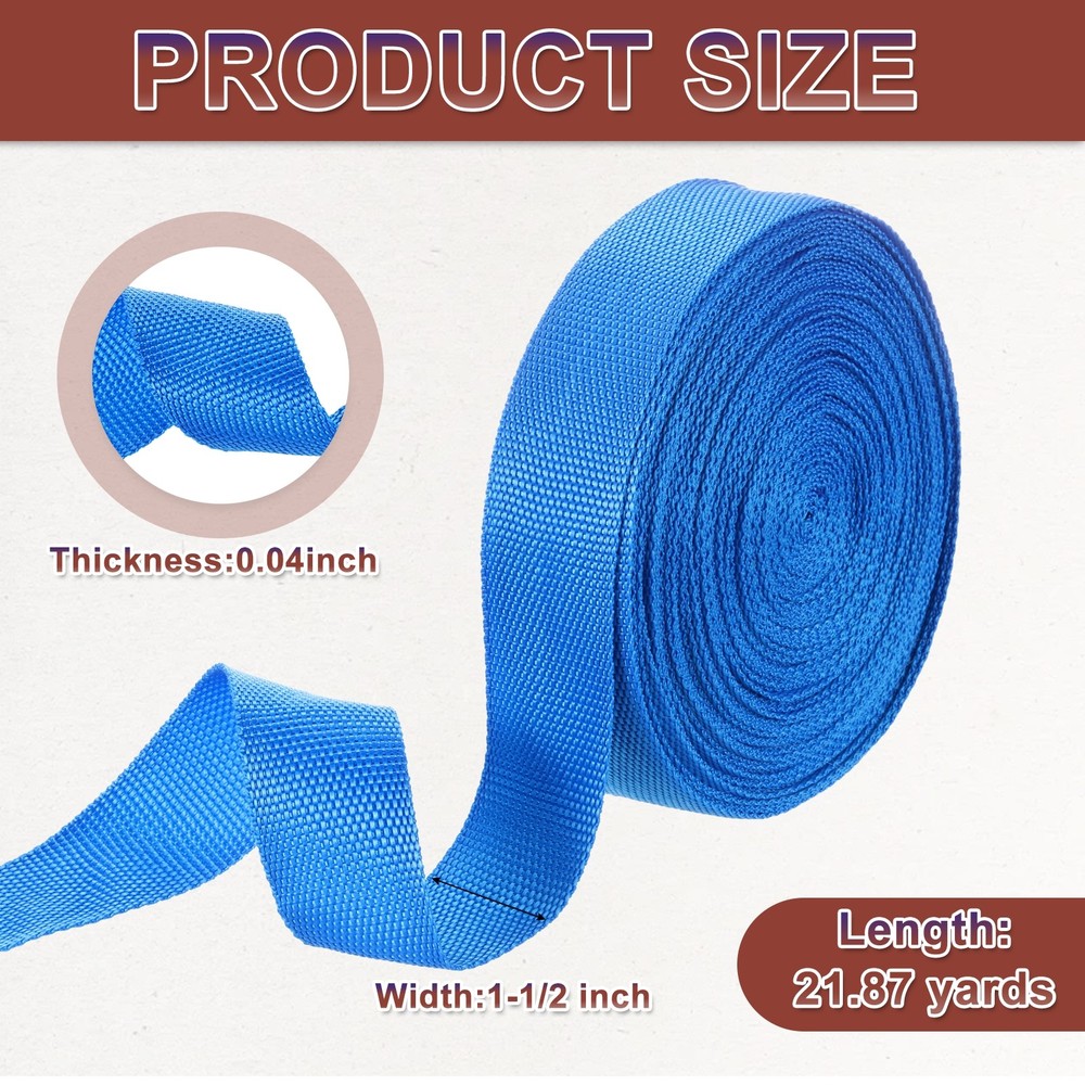 Nylon Webbing Strap, 22 Yards x 1-1/2" Polypropylene Flat Webbing Strap (Blue)