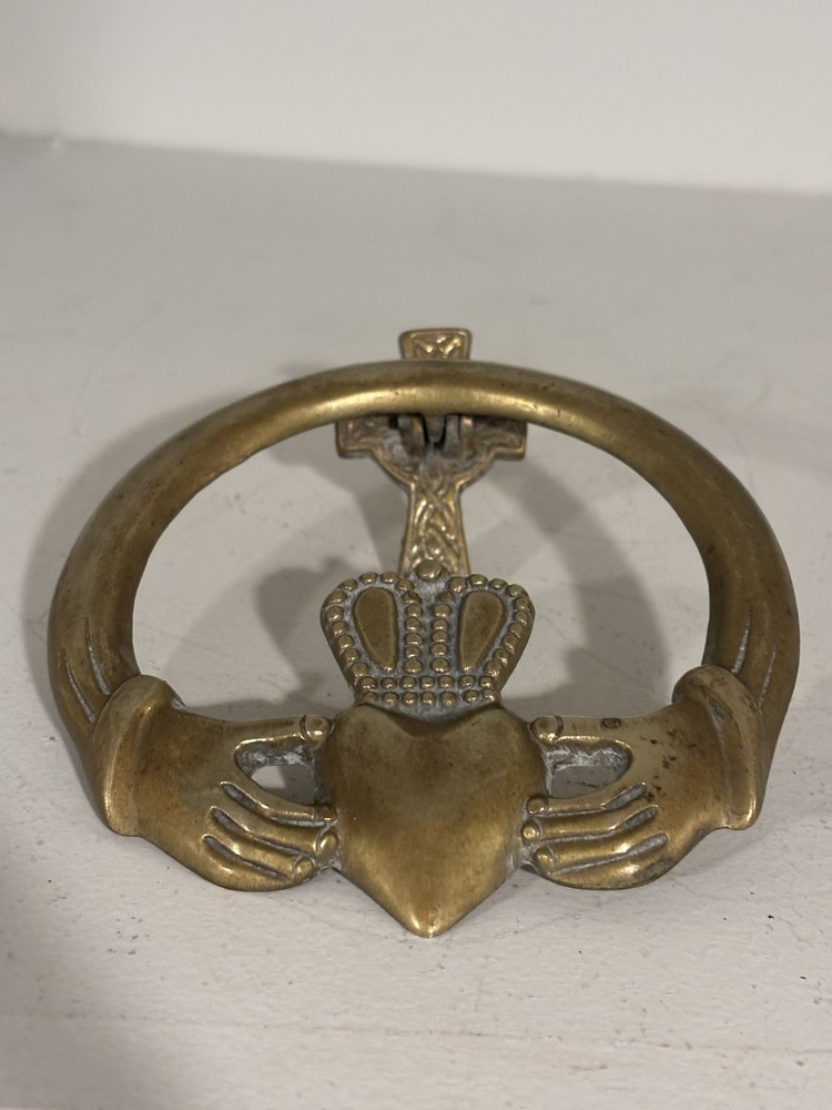 Vintage Irish Claddagh Door Knocker Solid Brass Celtic Cross W/ Hardware