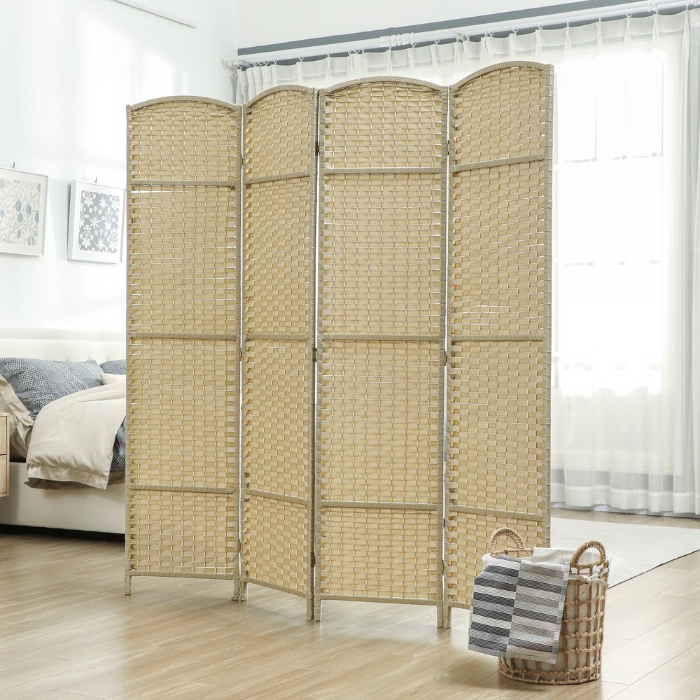 4 Panel Room Divider Freestanding Folding Privacy Screen, Beige