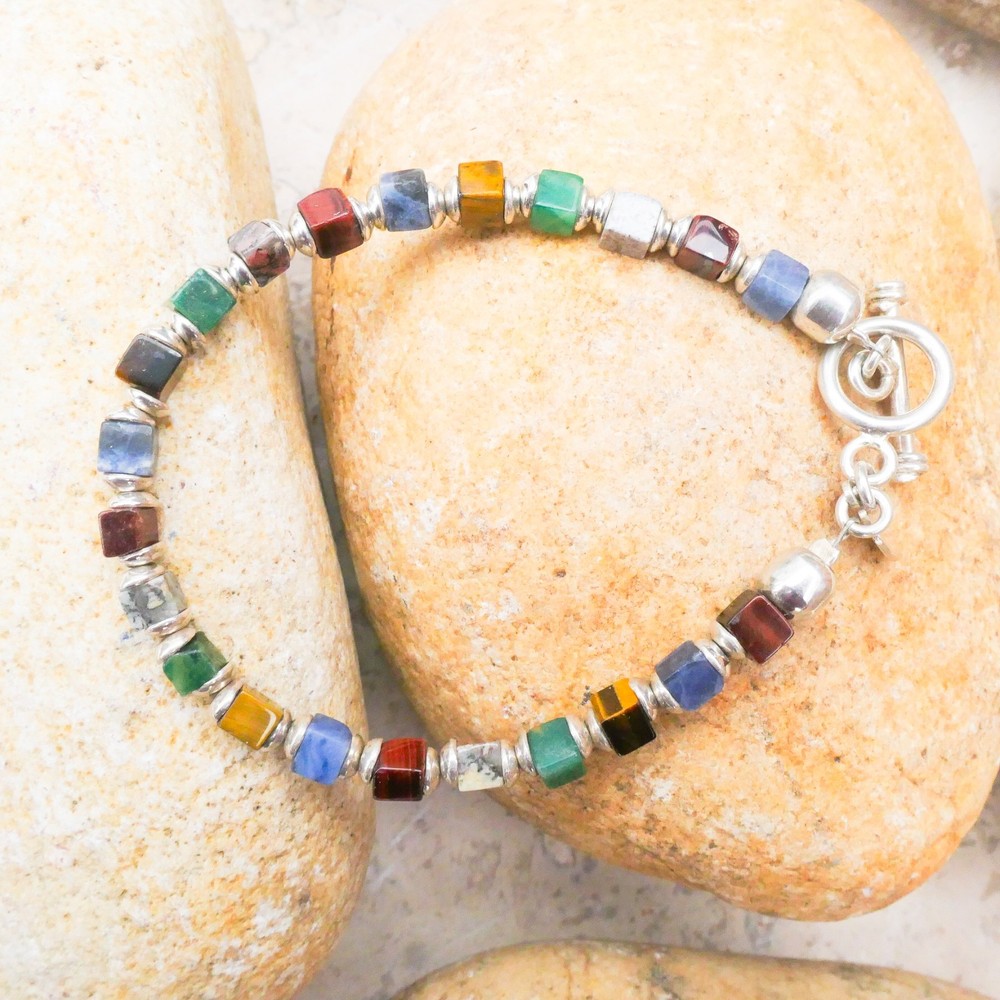 Silpada Sterling Silver Multi-Gemstone Cube Bead Bracelet 7.75" Toggle B0817