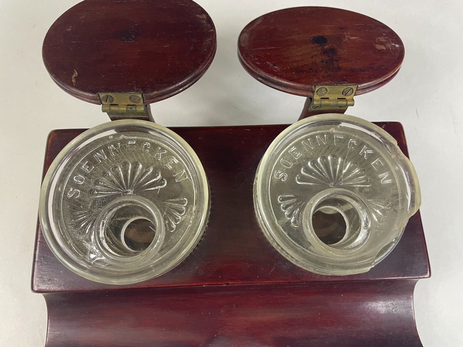 Antique Soennecken Mahogany & Brass Two Ink Table Inkwell ~ Germany