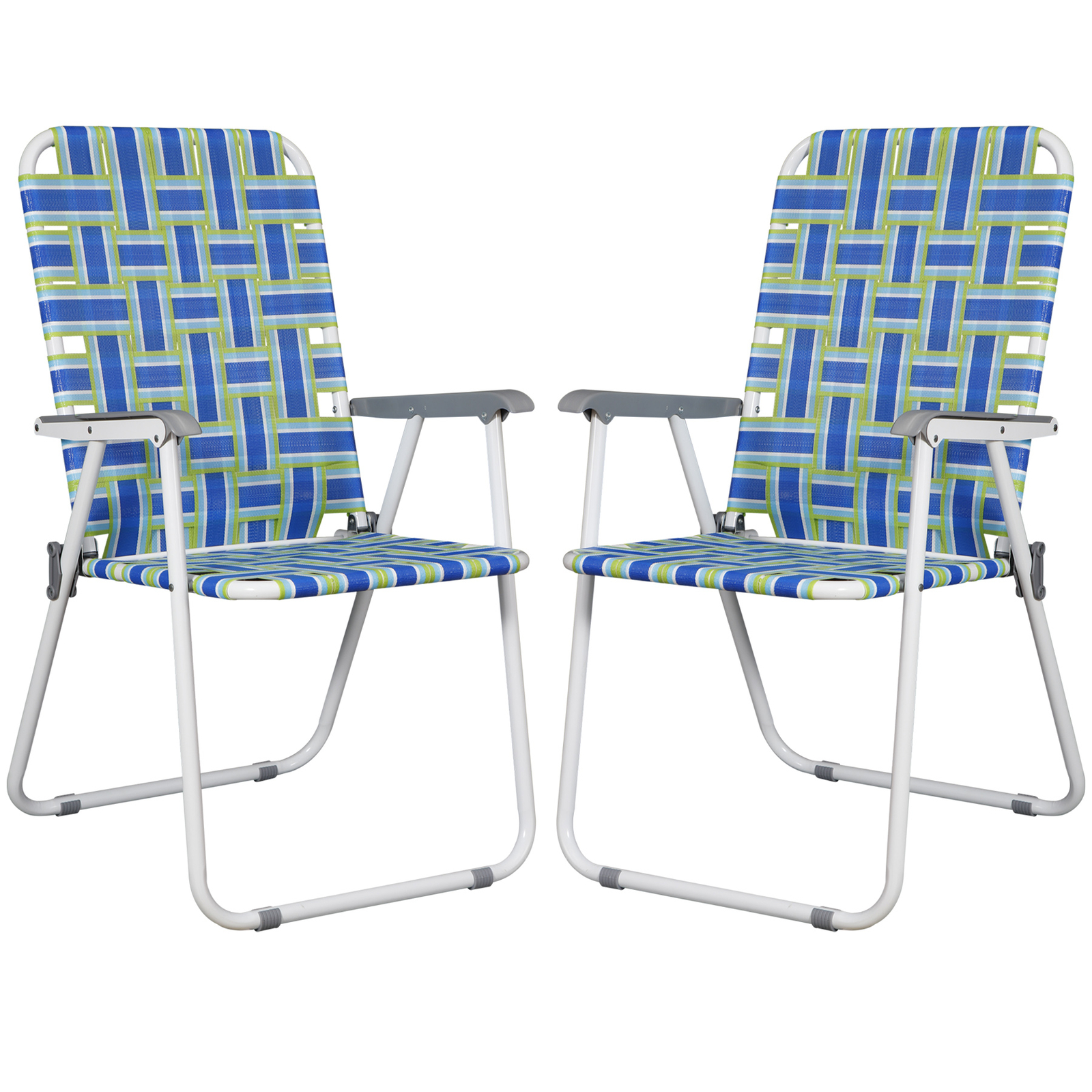 Metal Frame Blue Beach Chairs Set of 2 Webbed Folding Patio Lawn Camping Chairs