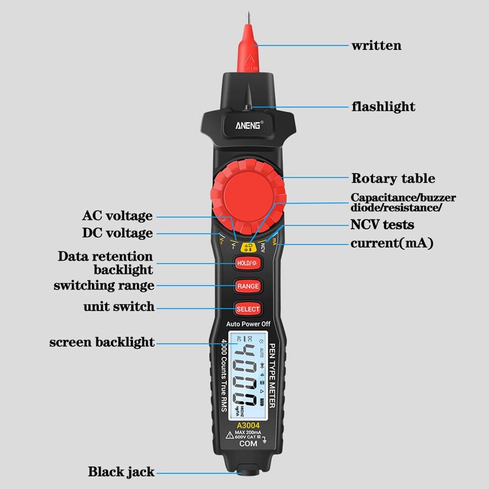 ANENG A3004 Pen Type Digital Multimeter LCD 4000 Counts Auto Range Tester Meter