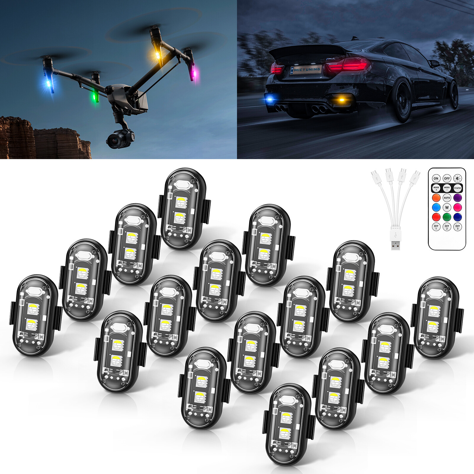 16 PCS Wireless LED Strobe Lights 8 Colors USB Rechargeable Anti-Collision Lamps
