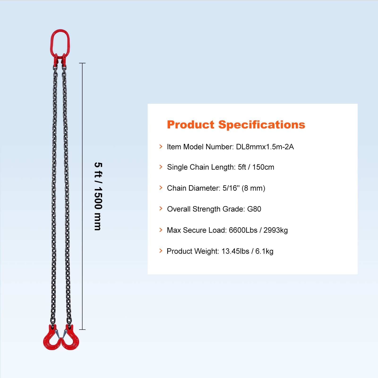 VEVOR 5/16" x 5' Chain Sling 2 Legs G80 Lifting Chain with Grab Hooks 6600 lbs