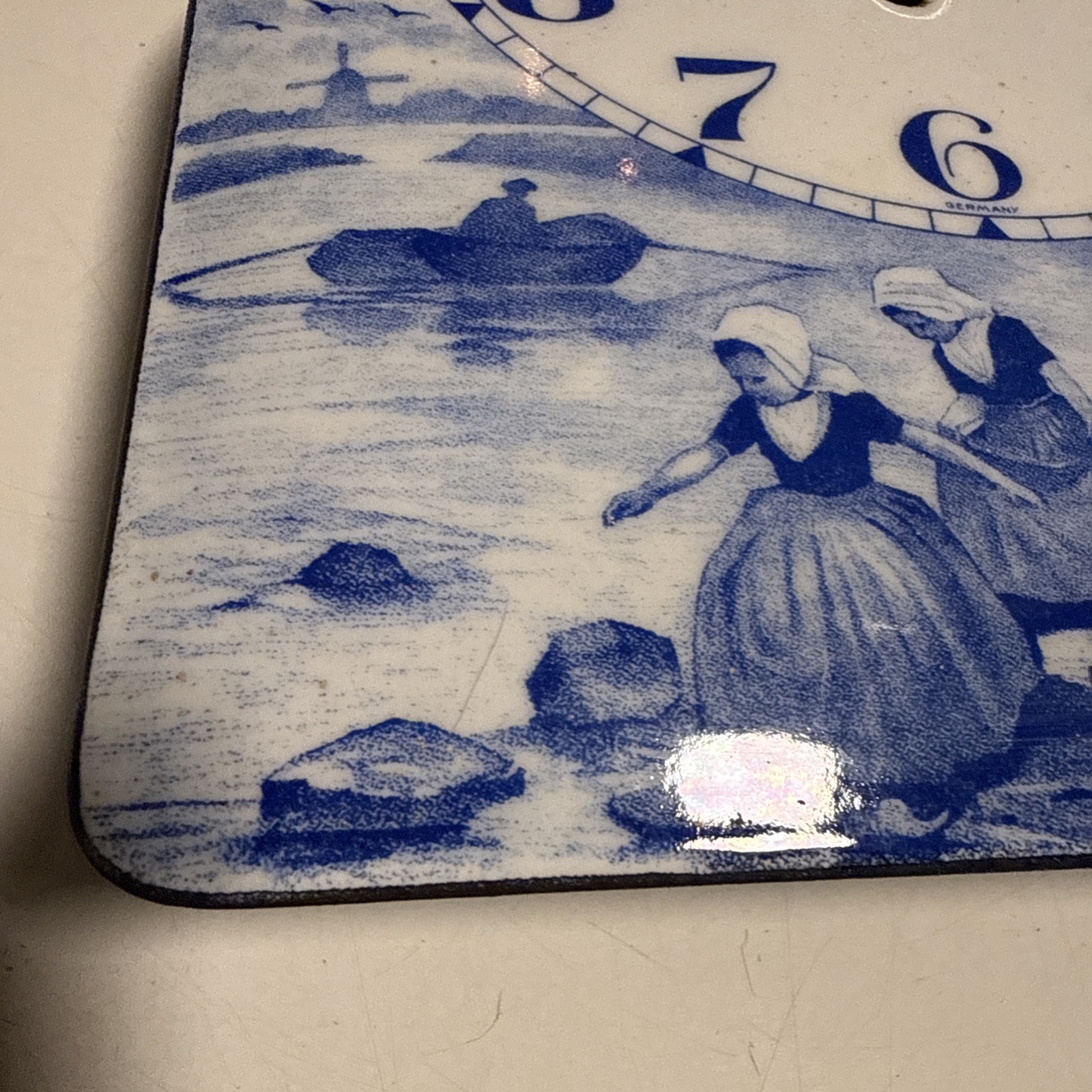 Vtg Delft Germany Blue And White Porcelain Wall Clock Windmill