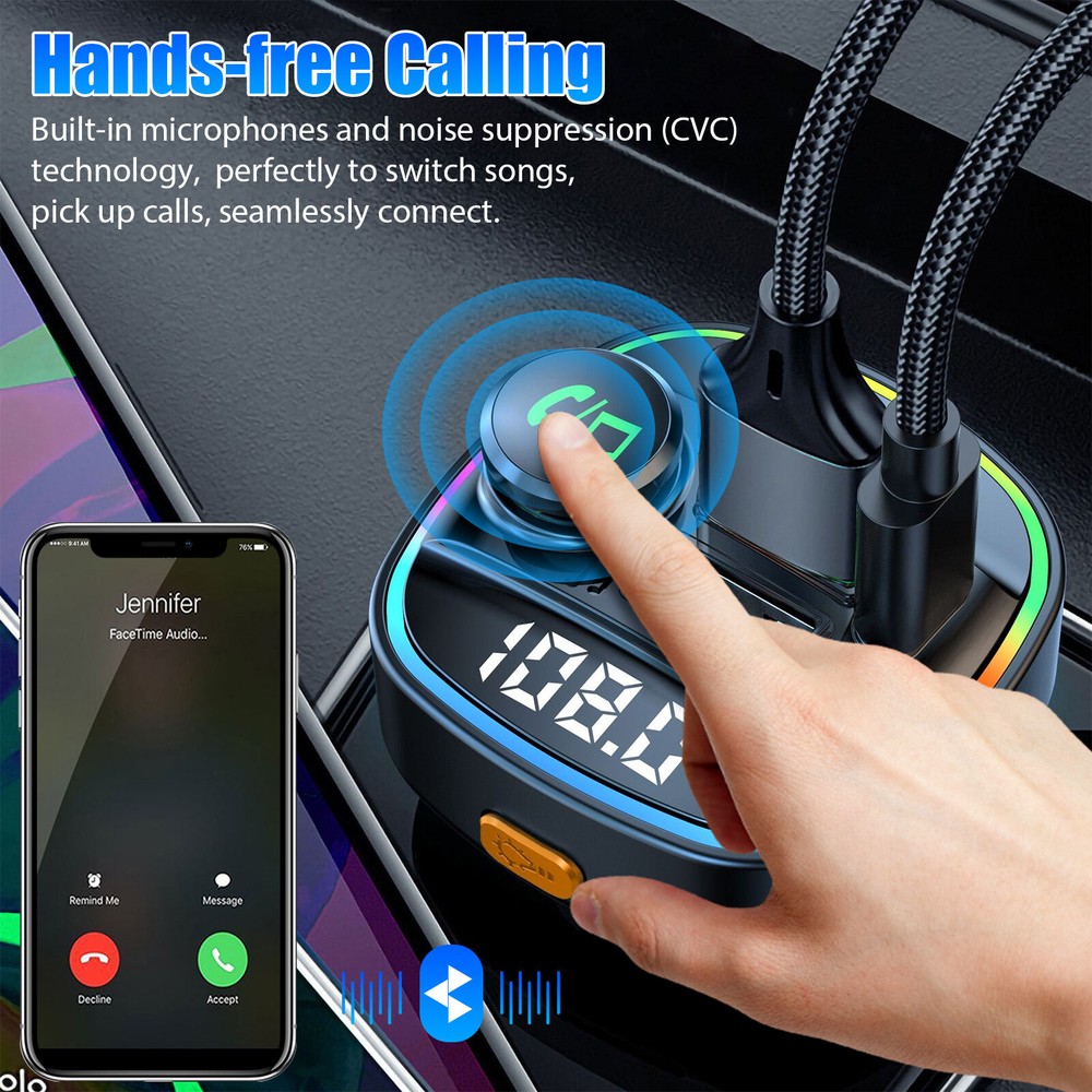 Bluetooth 5.0 Car Wireless FM Transmitter Adapter USB PD Charger AUX Hands-Free