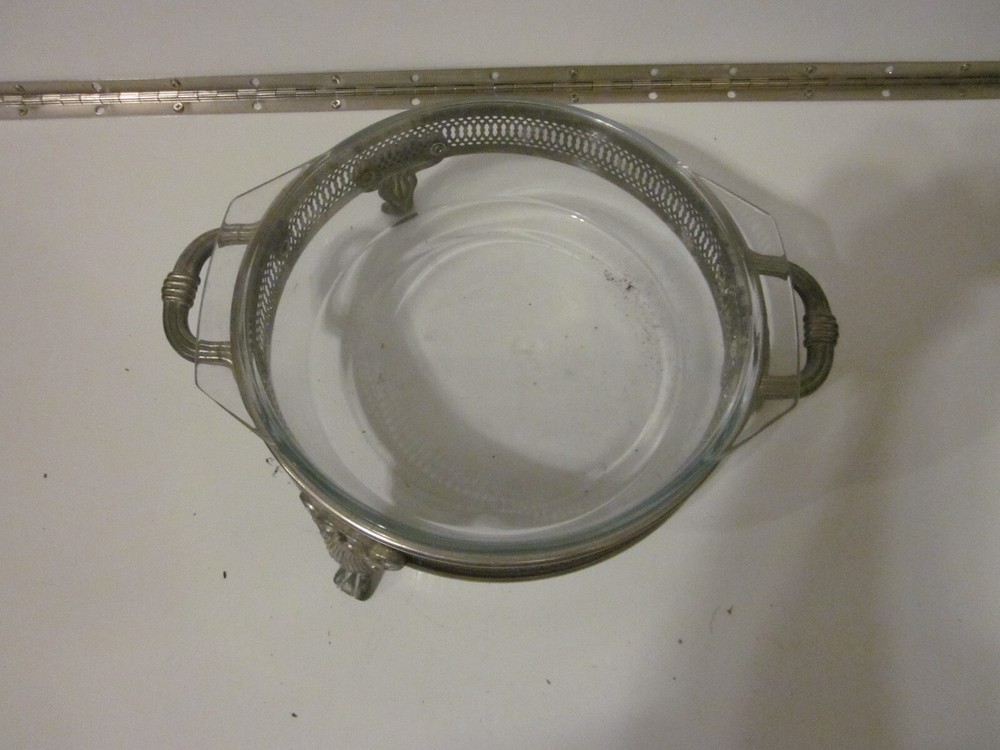 Vintage Footed Casserole Bowl Holder Silver Plate MARINEX INSERT 3.75" X 12"