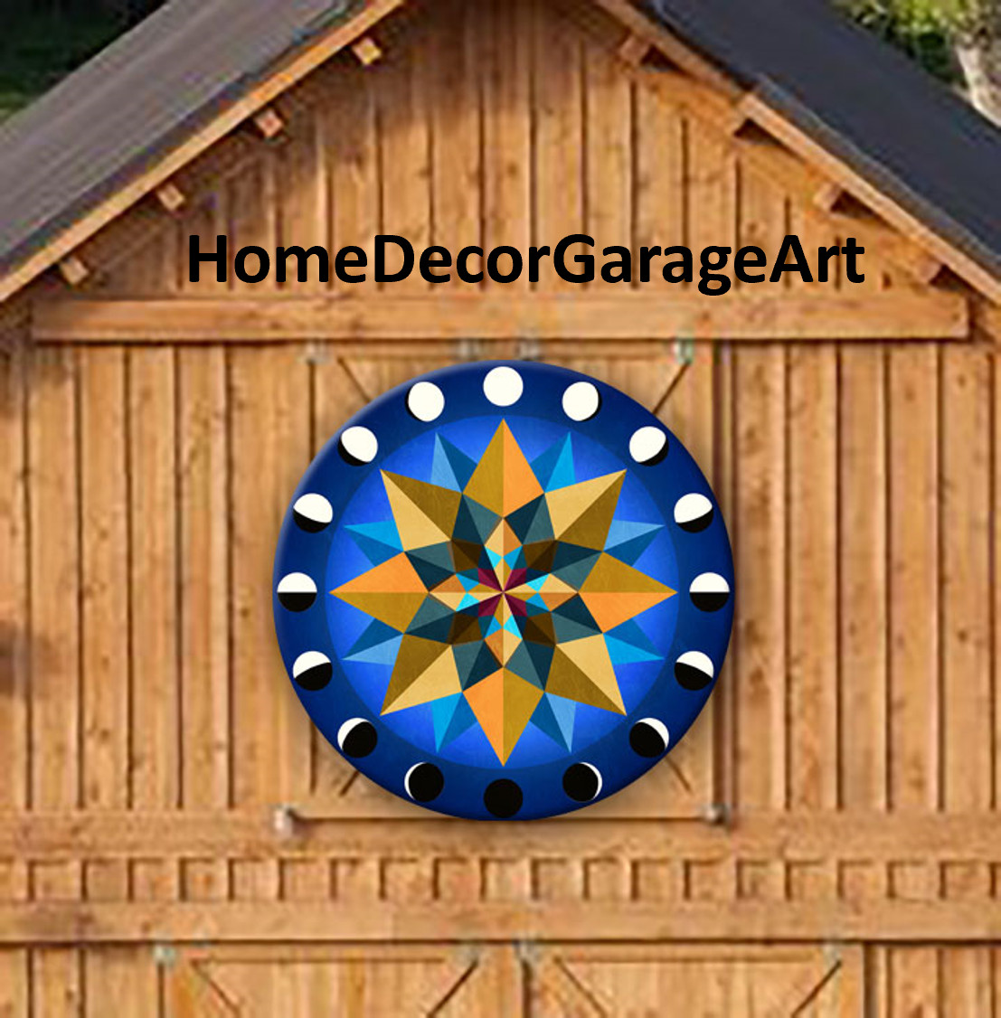 Barn Quilt Sign, 16 Point Star Blue Earth Tones, Hex Round Metal Sign 6 Sizes
