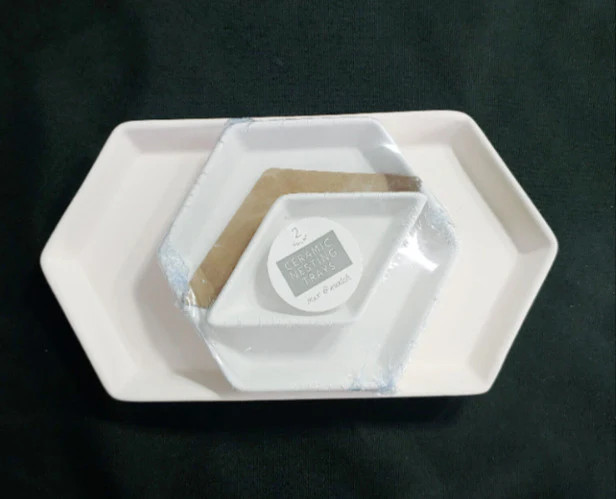 Set of 3 Bullseye's Playground White Bisque Ceramic Hexagon Nesting Trays