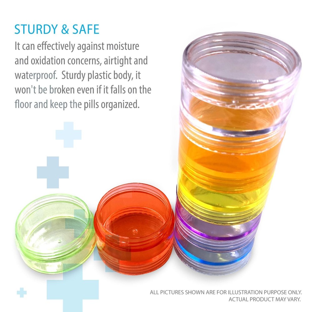 Pill Organizer 2 Pack 7 Day Rainbow Colored Stackable Twist Lock BPA-Free