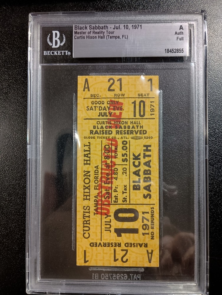 Black Sabbath Full Yellow Concert Ticket Curtis Hixon Hall Tampa 7/10/1971 BAS