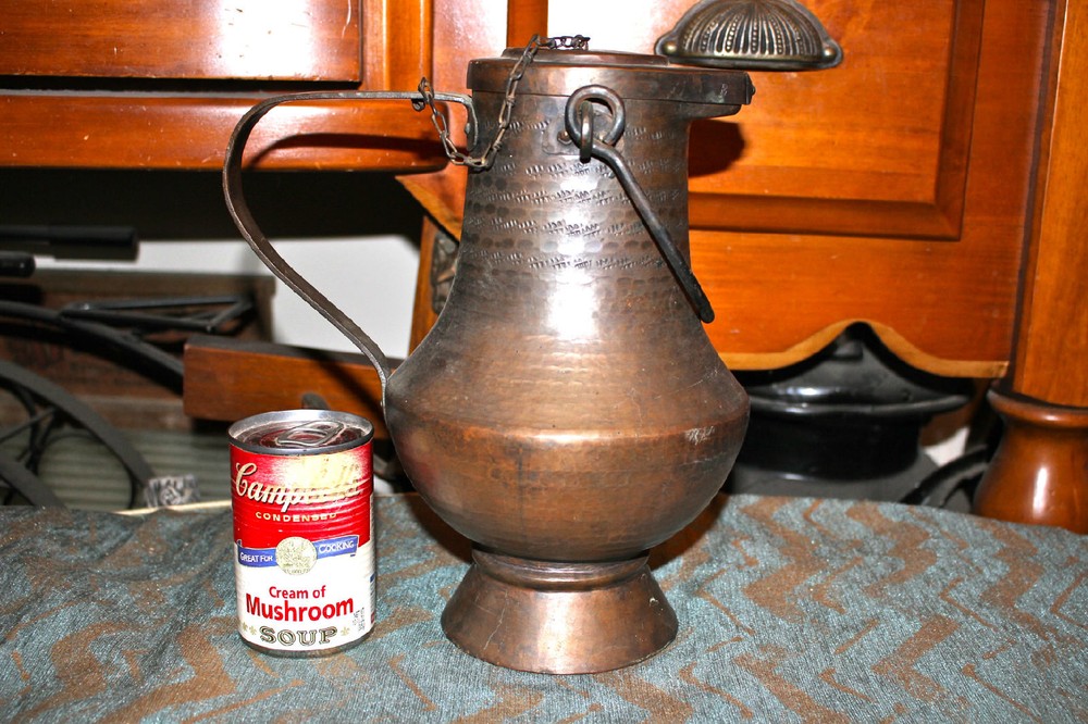 Antique Middle Eastern Arabic Hammered Copper Water Pitcher W/Lid-Primitive