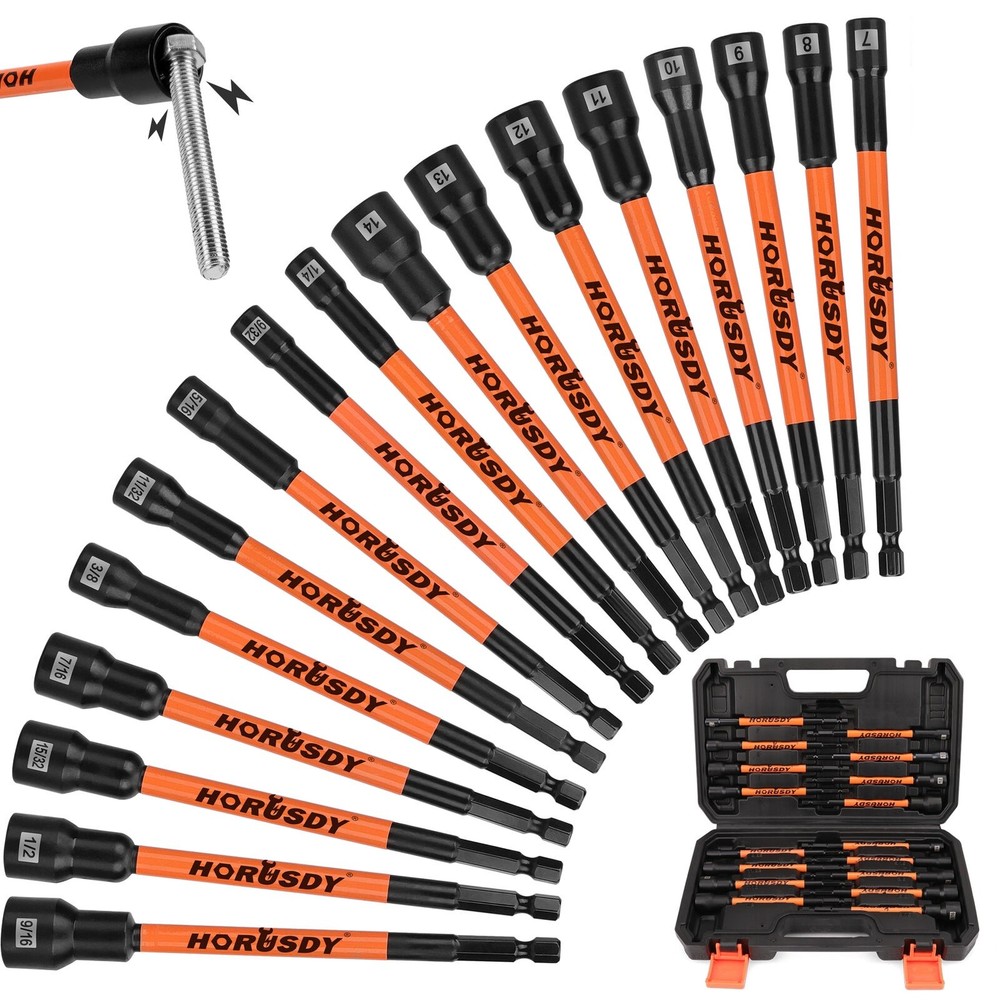 17PC Impact Magnetic Nut Drivers Set SAE & Metric Extra Long 1/4" Hex Shank Case