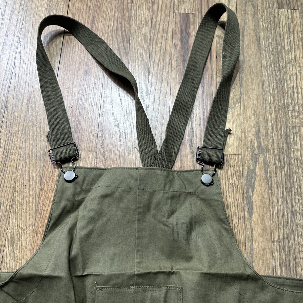 Vintage World War II US Navy Military Deck Bibs Overalls OG Green SZ L MINT