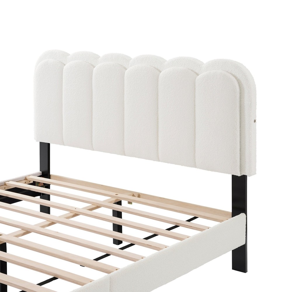 Full/Queen Size Platform Bed Frame with Upholstered Headboard & LED Light White