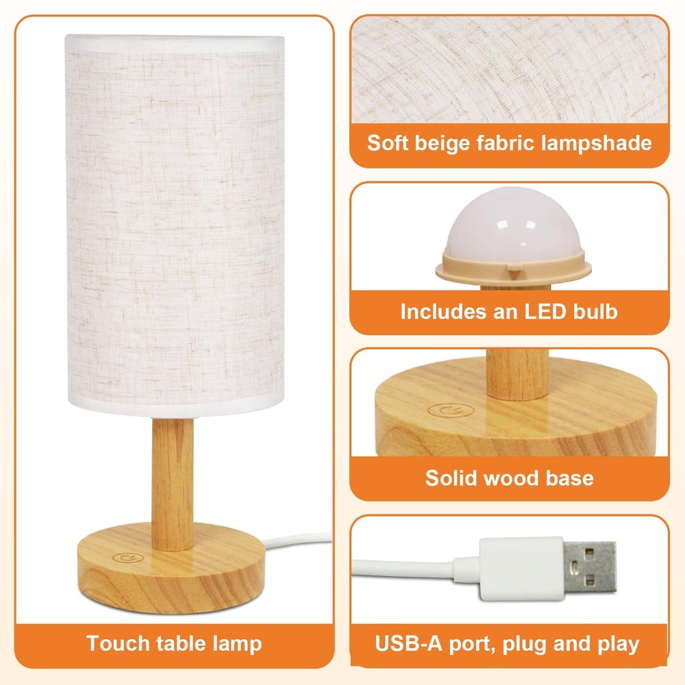 Touch Bedside Table Lamp Stepless Dimming USB Powered, Minimalist Wood Base ...