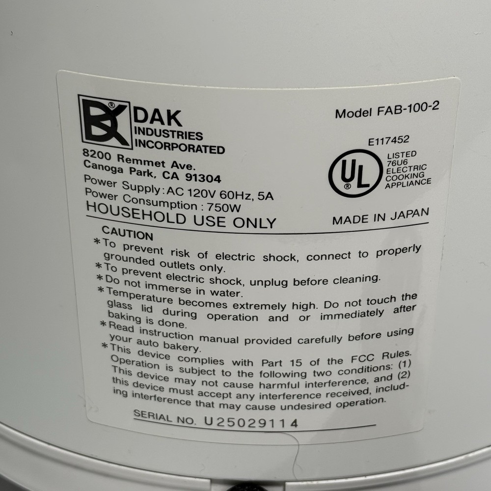 Welbilt DAK Auto Bakery Bread Maker FAB-100-2 White Tested Works Clean