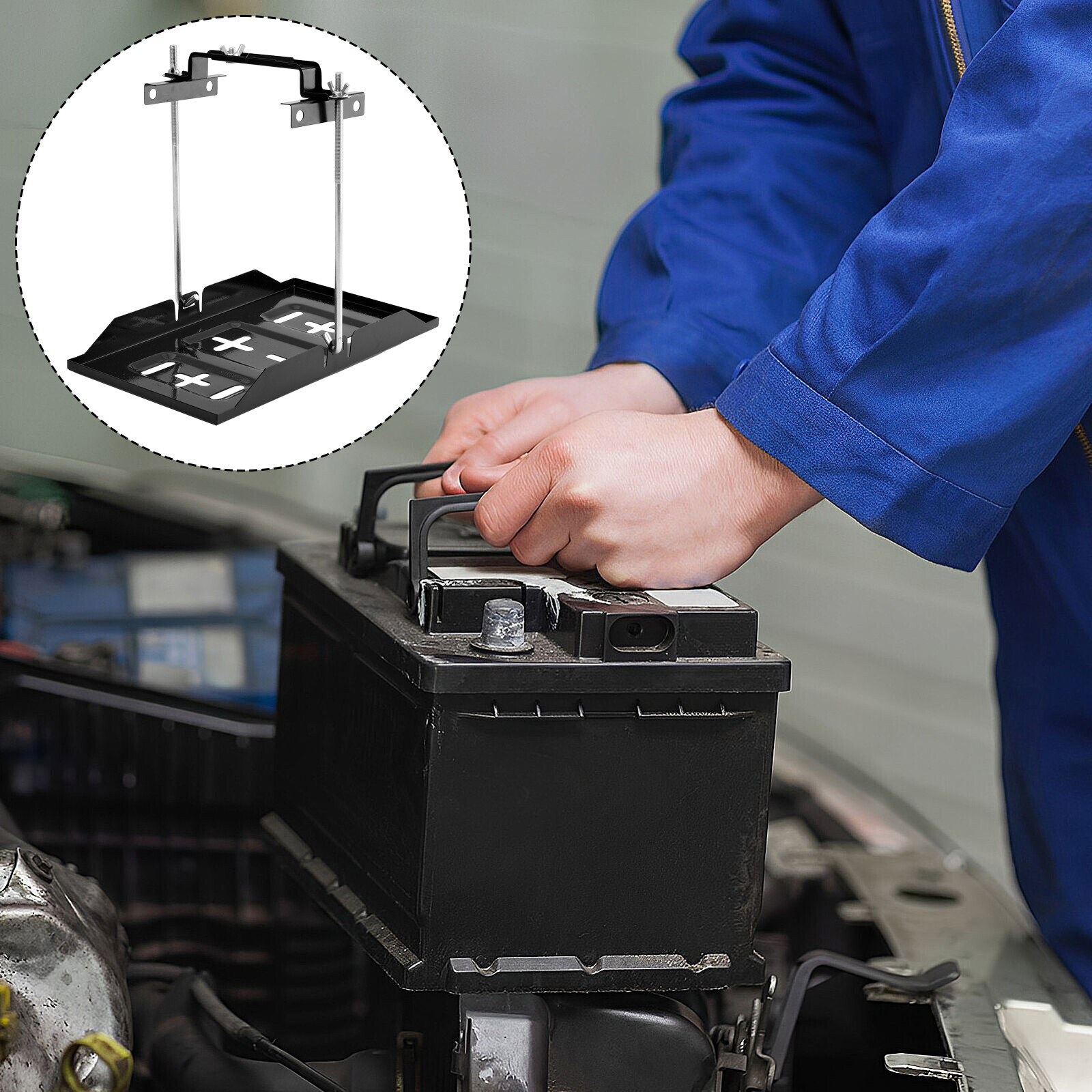 Universal Storage Battery Holder Adjustable Tray + Hold Down Clamp Bracket