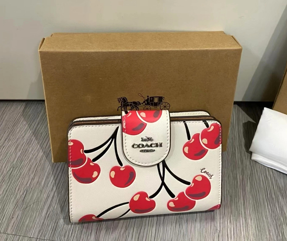 Coach Medium Corner Zip Wallet With Cherry Print Chalk Multi CZ762 with Box