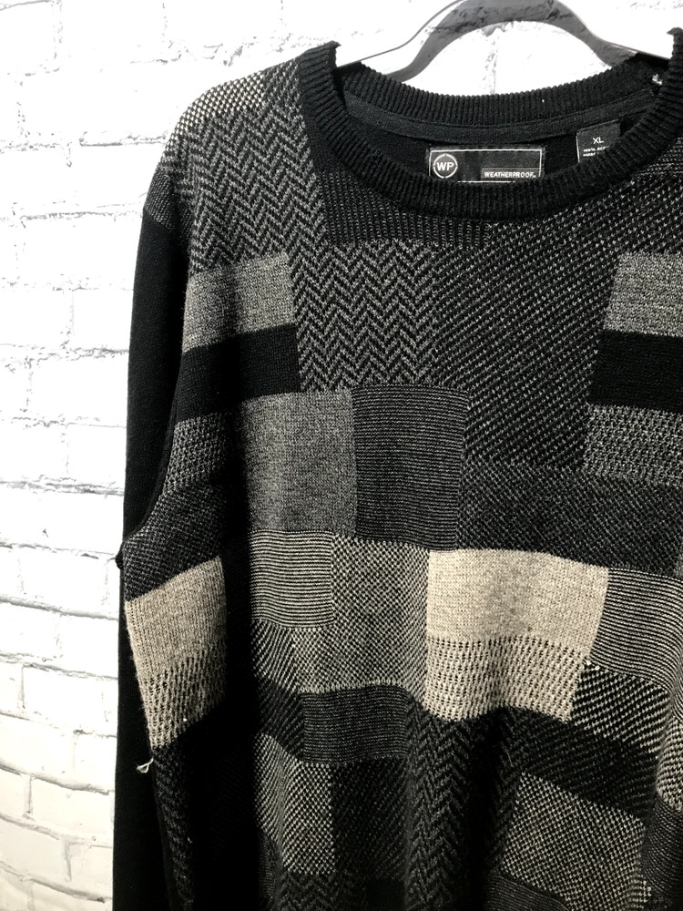 Weatherproof, Men XL, Black/Gray Patchwork Pattern Knit Pullover Sweater Retro