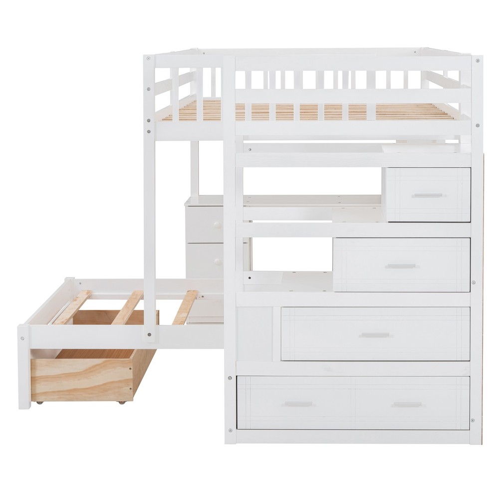 Twin Bunk Bed with Desk, Drawers & Bookcase, White Solid Wood Storage