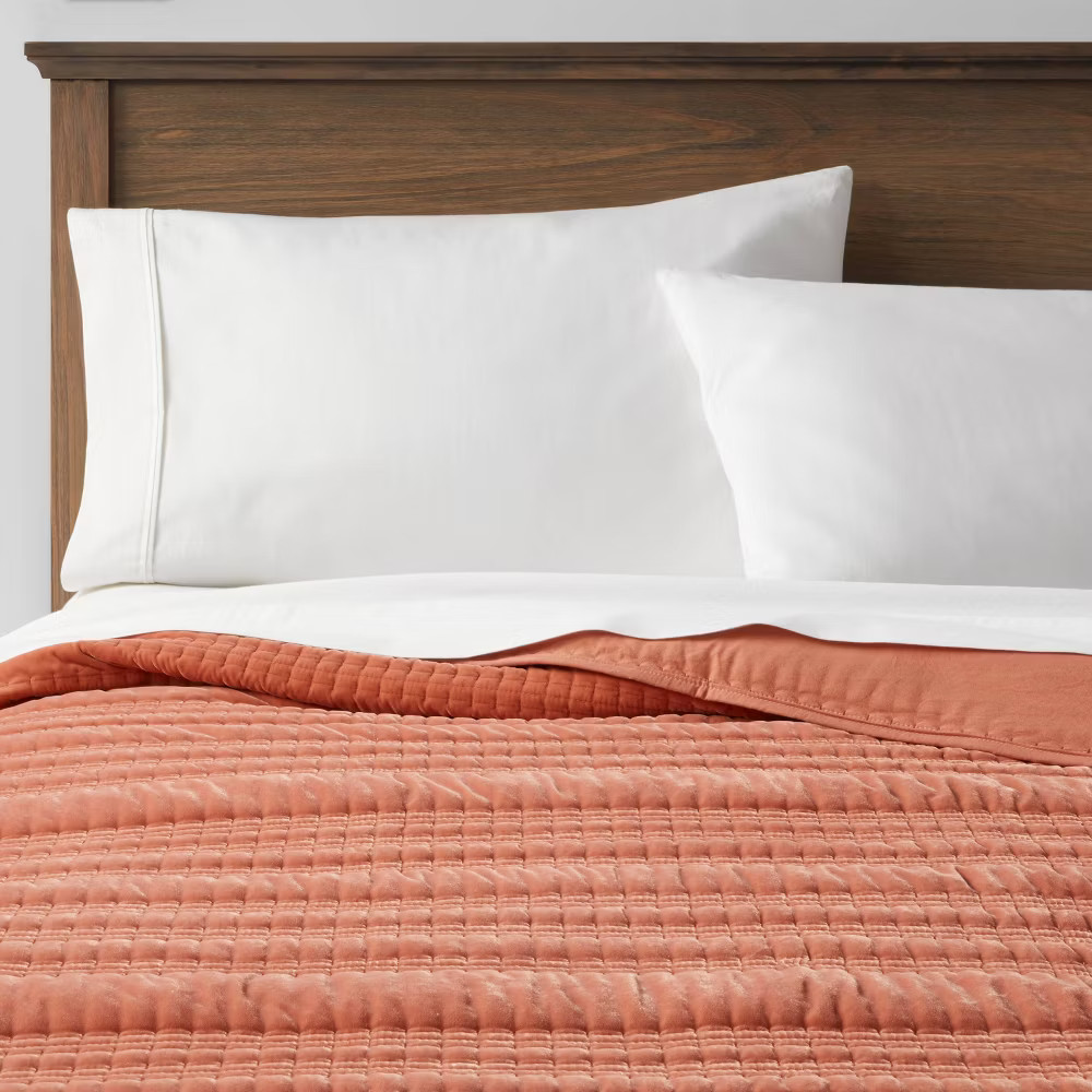 Threshold Velvet Quilt Solid Quilted Lightweight, Terracotta/Bronze, King