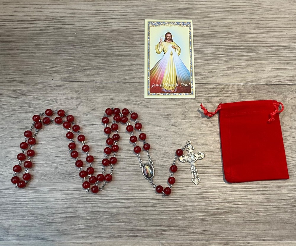 Divine Mercy Rosary W/ Pouch & Card Jesus I Trust in You Catholic