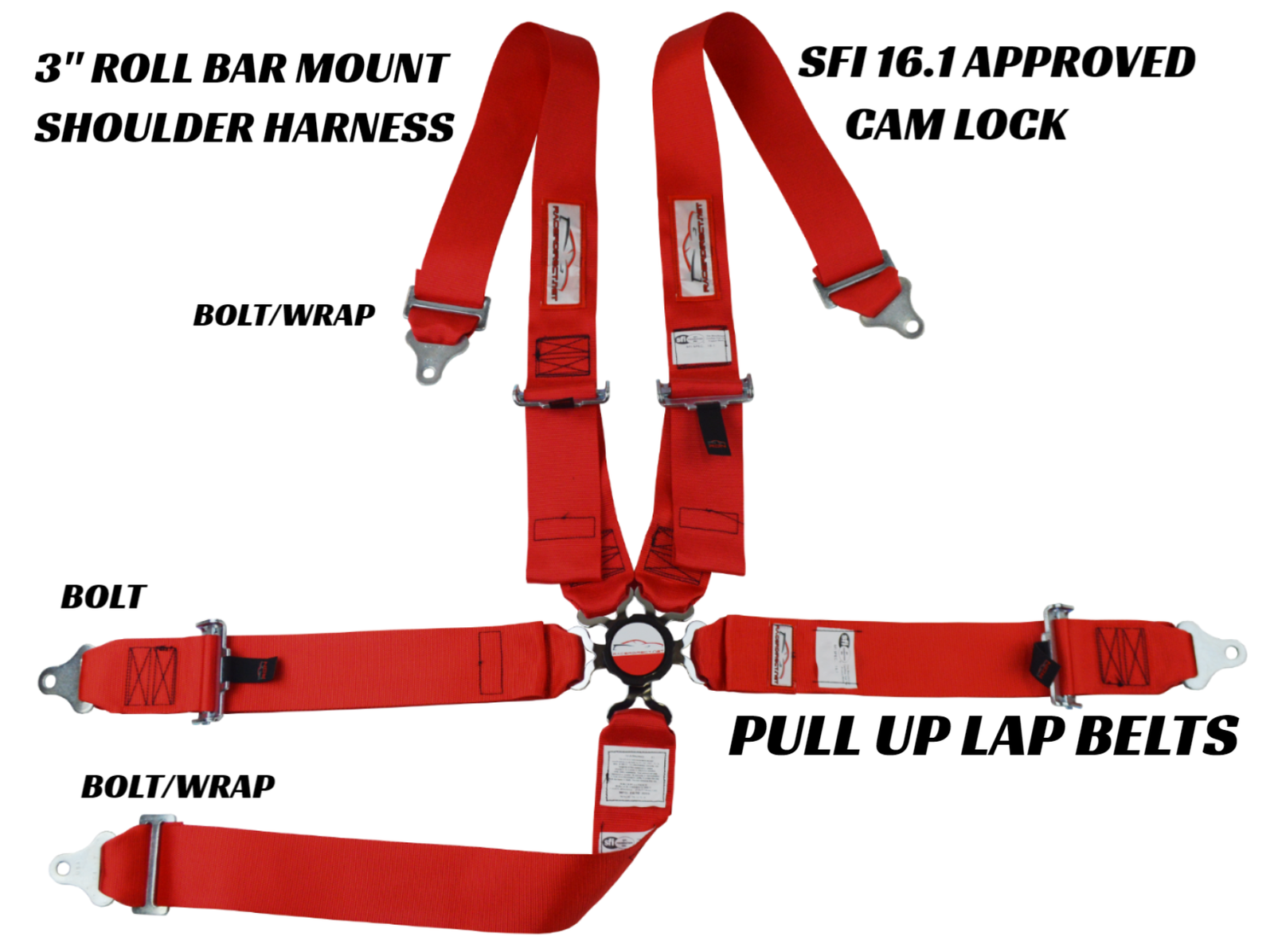 DRAGSTER RED 5 POINT RACE HARNESS CAM LOCK BOLT IN PULL UP LAP BELTS SFI 16.1