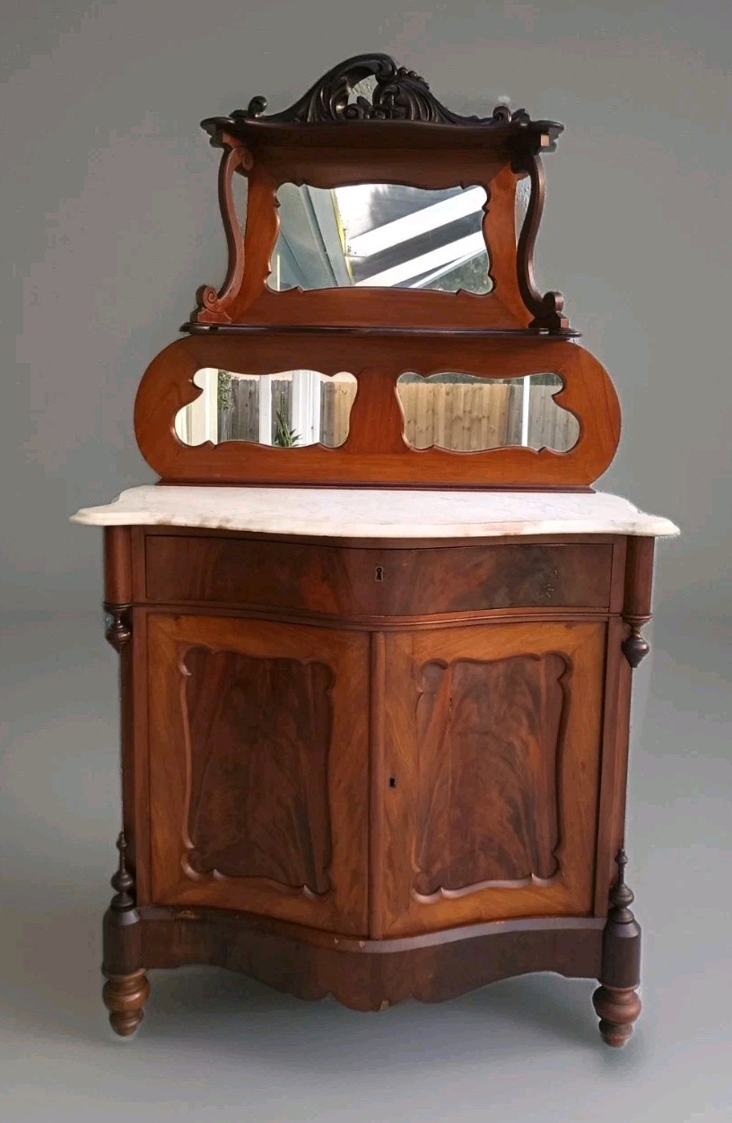 Antique Serpentine Mahogany Dresser Marble Top & Mirror Shelf Entryway Table