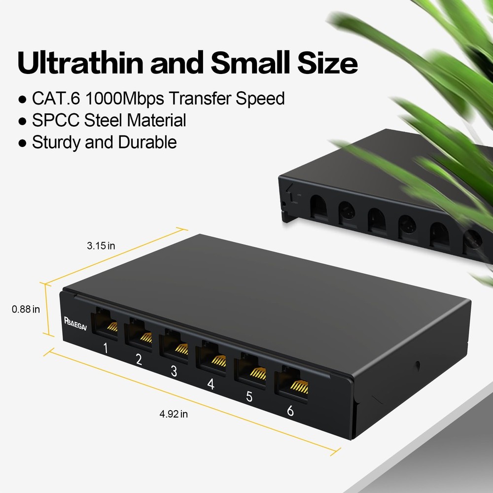Patch Panel 6 Port 0.5U Inline Cat6 Keystone Jack 10 Inch Unshielded Support