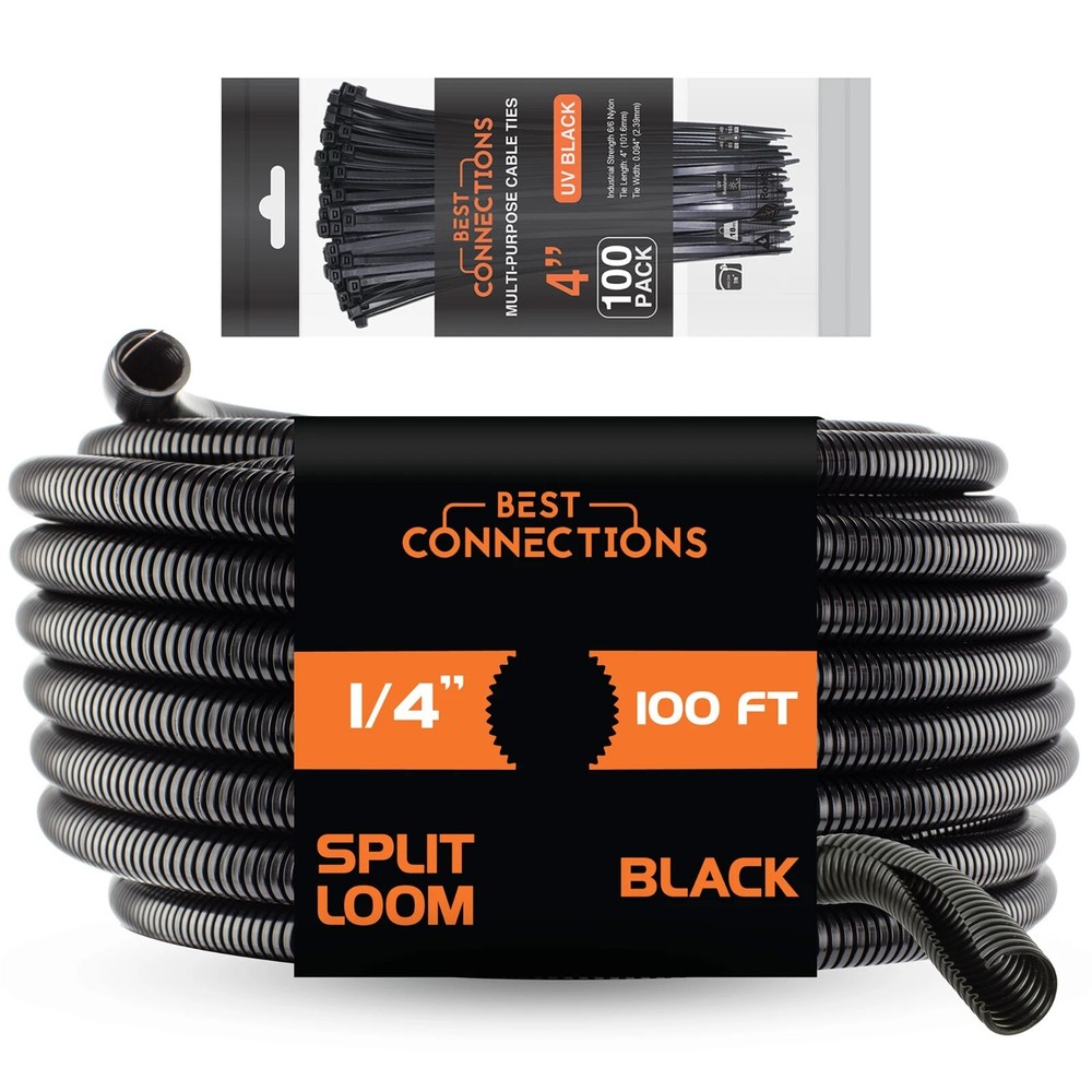 100 Ft 1/4" Split Wire Loom Tubing - 100 Pcs 4" Nylon Zip Ties Combo (Black)
