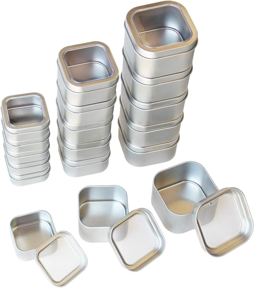 18-Pack Empty Square Silver Metal Tins with Clear Window for Candle Making, C...