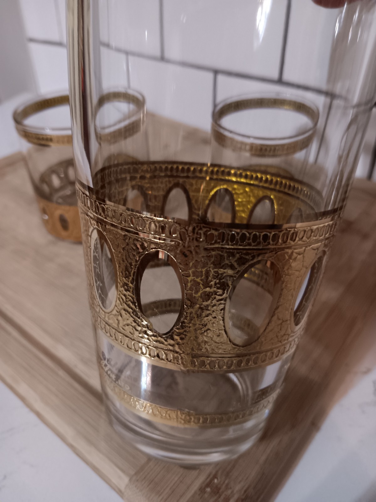 Vtg MCM 60s Culver Antigua Cocktail Shaker Low Ball 5 Pc Barware Set 22k Gold