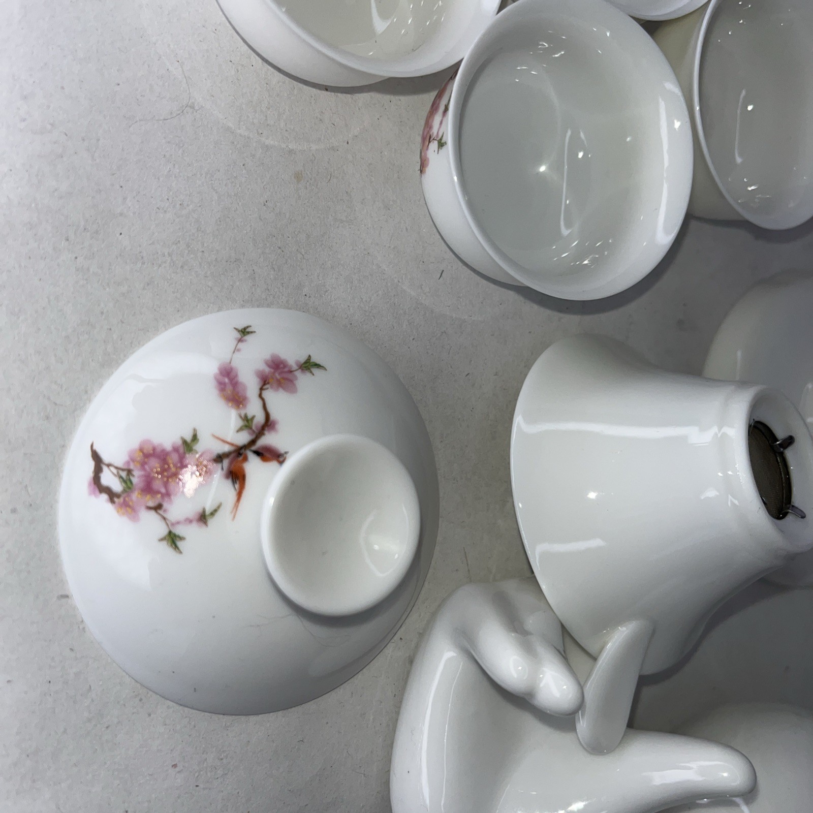 Vintage Asian Traditional Mini Bone China Tea Set White Pink Cherry Stem Bird