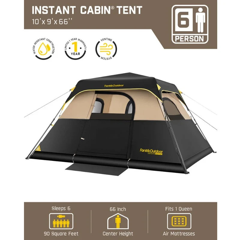 FanttikOutdoor 6 Person Instant Cabin Tent Setup in 60 Seconds with Rainfly & Wi