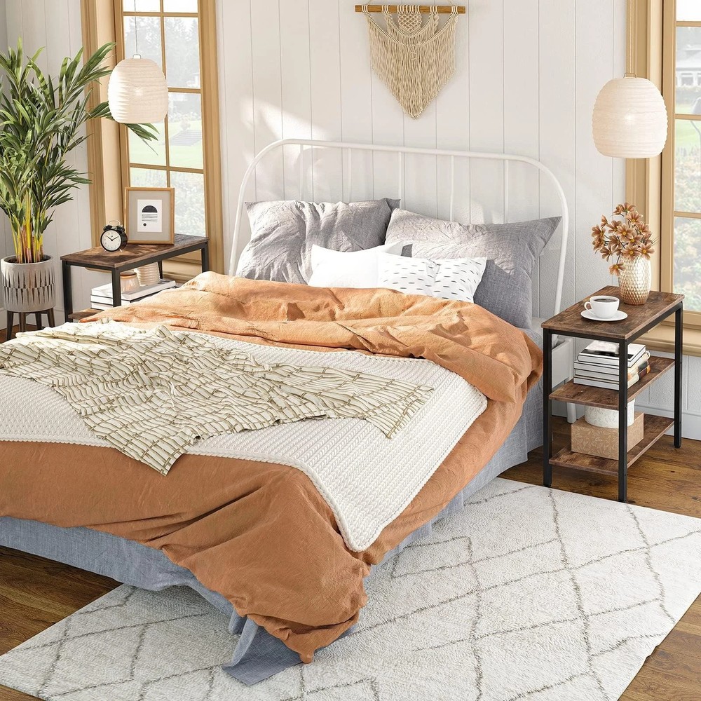 End Table, Simple Rustic Side Table with 3-Tier Storage Shelf, Narrow Nightst...