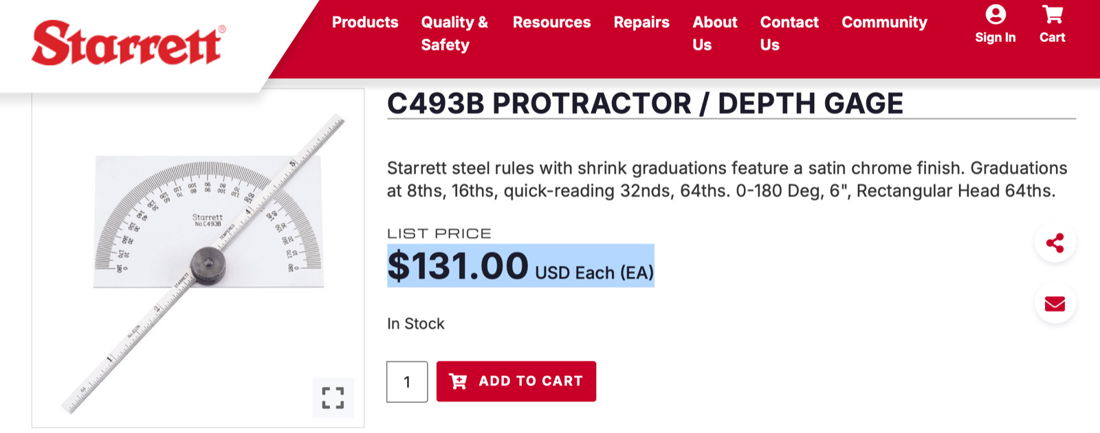 STARRETT No. C493B Satin Chrome Finish Steel Protractor/Depth Gage. USA Made!