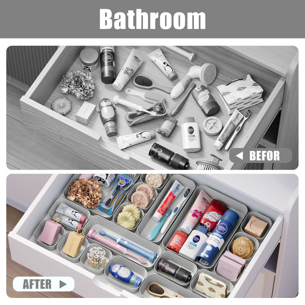 18 pcs Desk Drawer Organizer Tray, Multiple Sizes Plastic Drawer Organizer St...