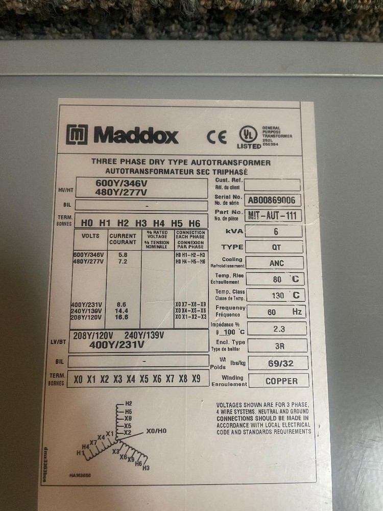 Maddox three phase dry type autotransformer 6 kVA
