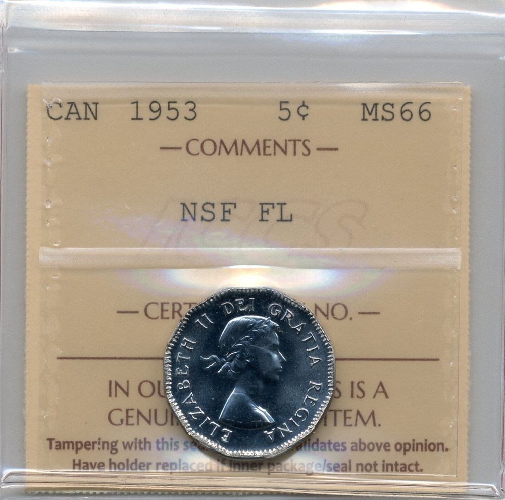 1953 Canada 5 Cent, No Shoulder Fold, Far Leaf - Gem Uncirculated, ICCS MS 66