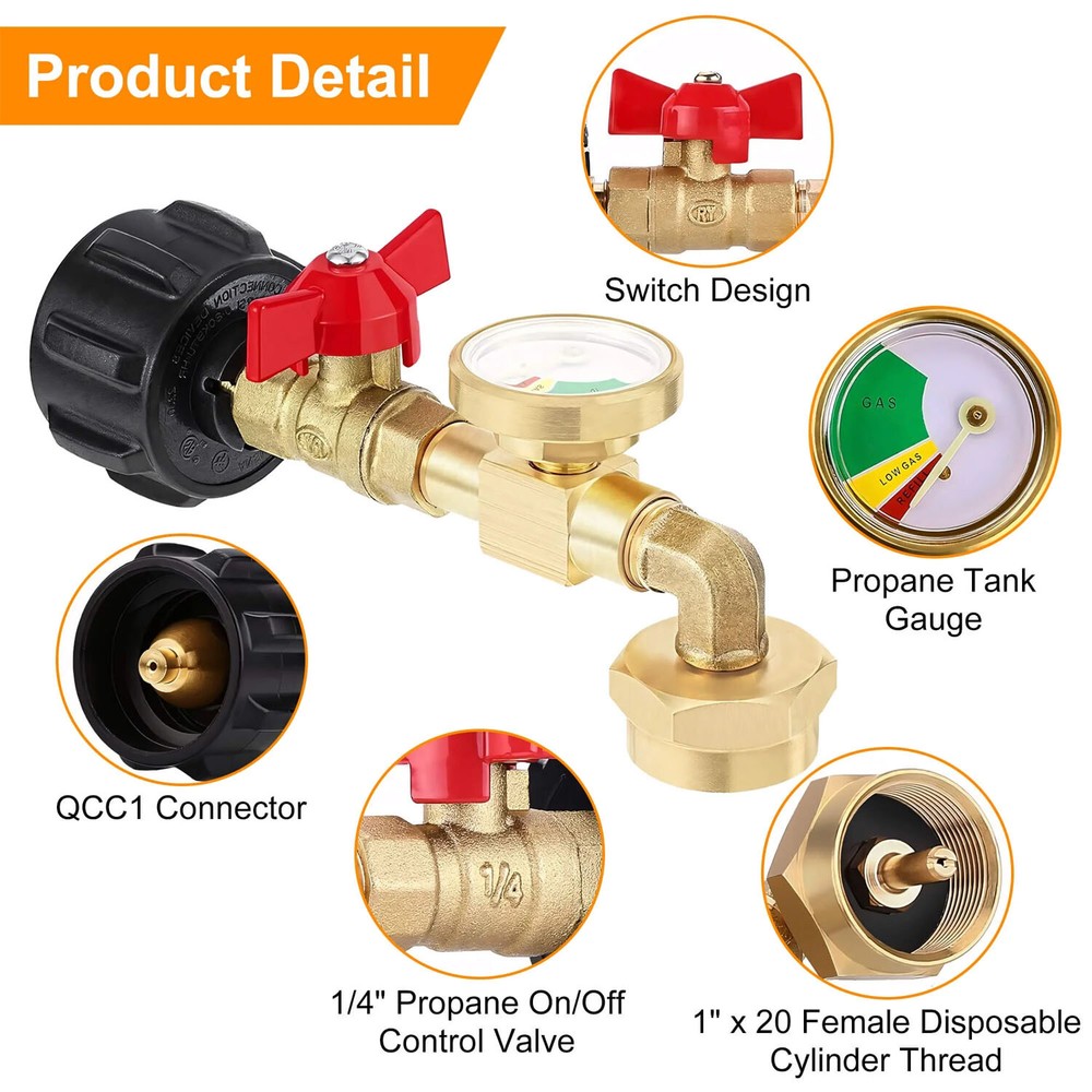 Propane Refill Adapter 20lb to 1lb, 90° Design, Quick & Smooth Refilling