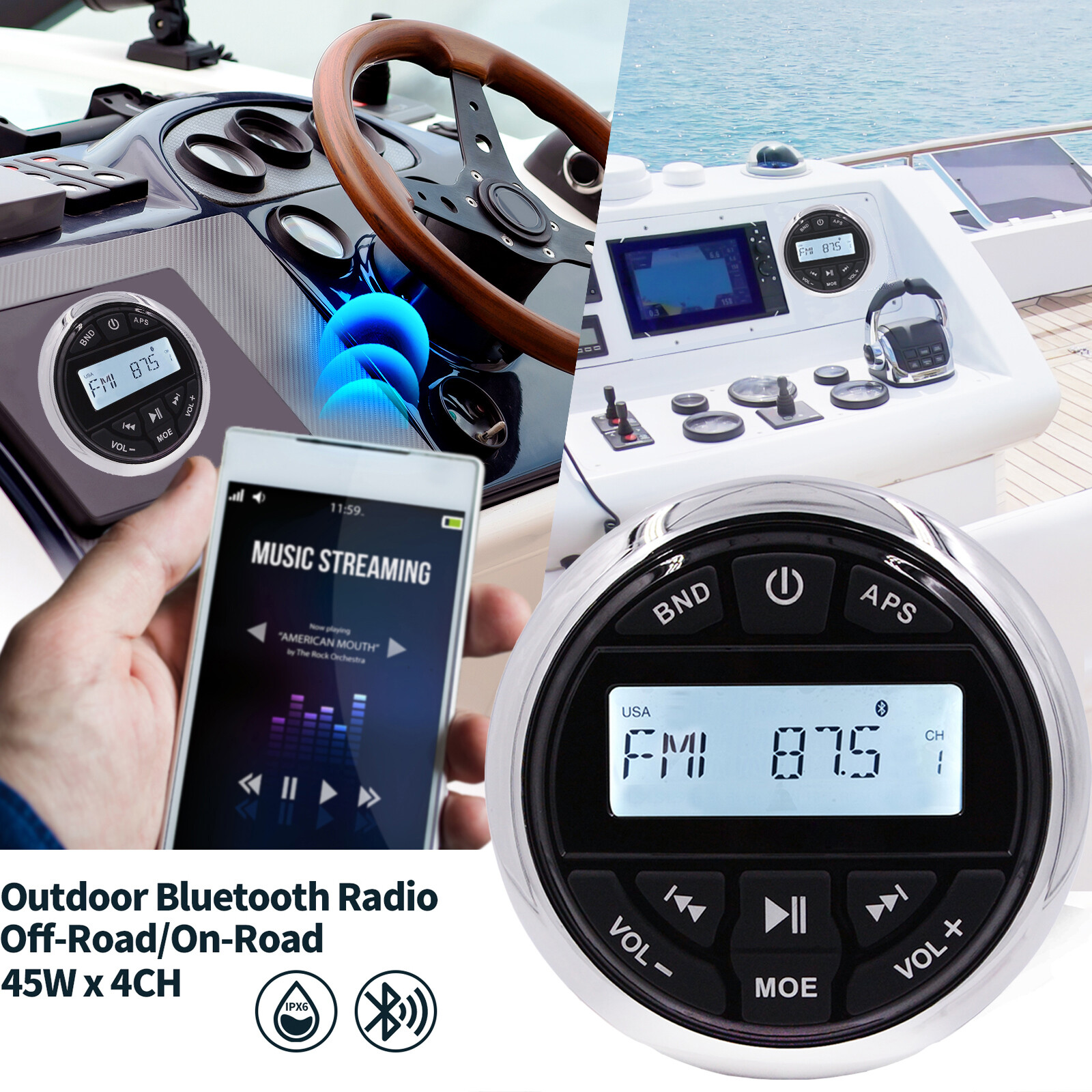 Marine Stereo Audio System Receiver with Bluetooth, USB, AUX input, FM/AM Radio