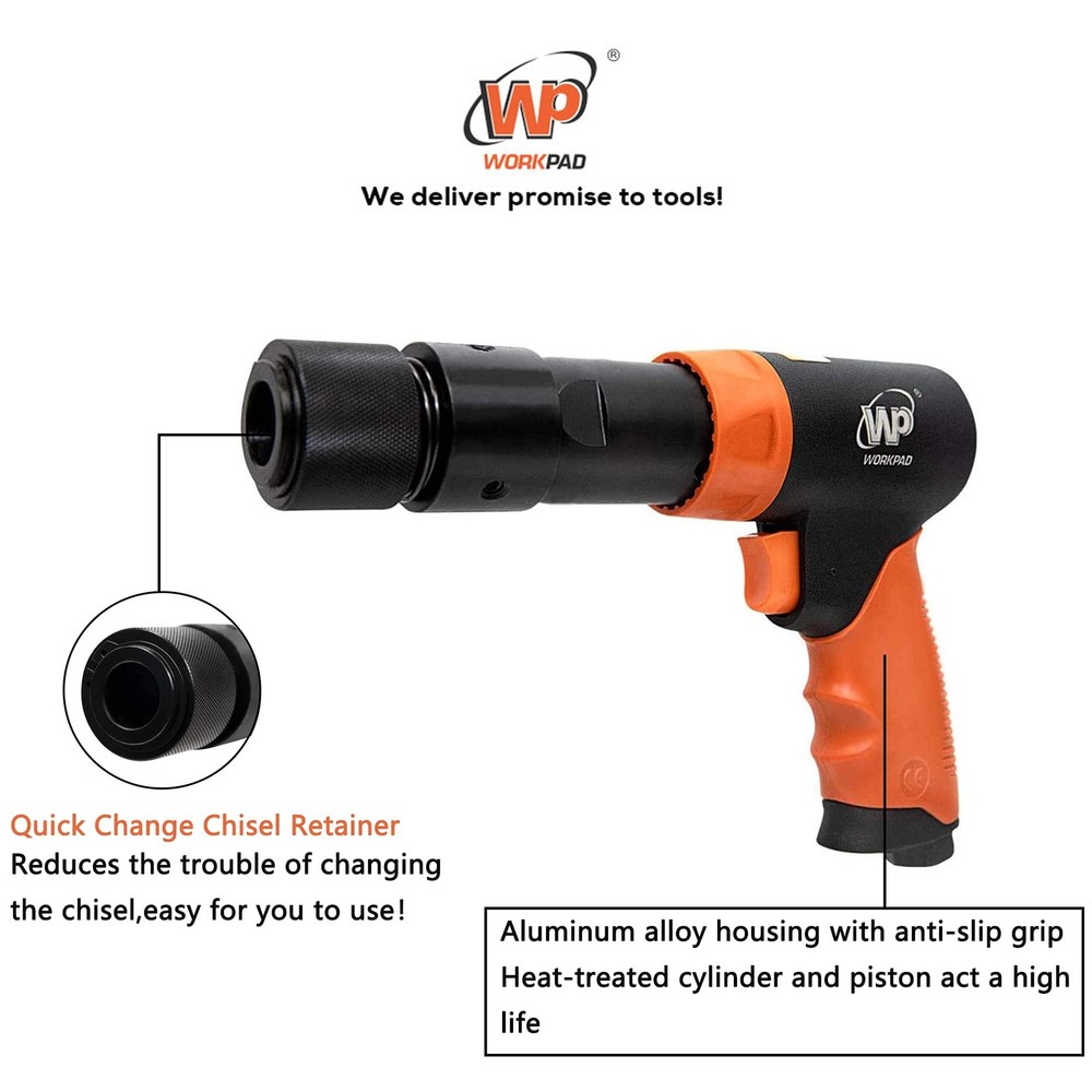 WORKPAD 190mm Long Barrel Air Hammer with Quick Change Chisel Retainer and 4-...