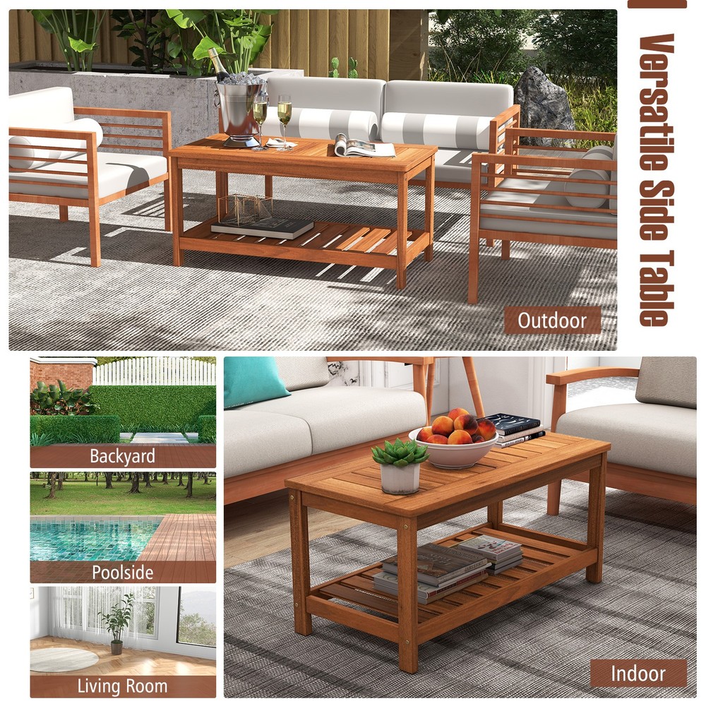 2-Tier Outdoor Side Rectangle Side Table Patio Coffee Table Solid Wood Porch