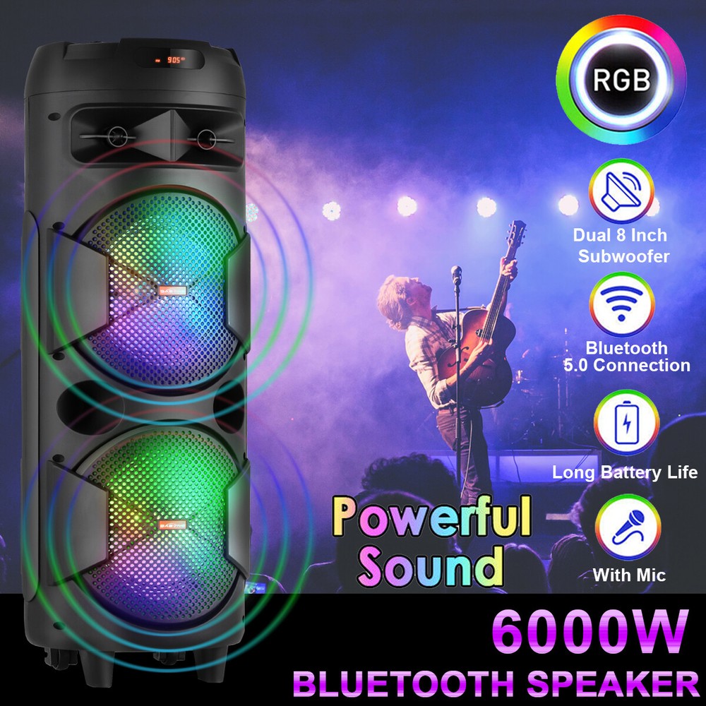 6000W Bluetooth Speaker Dual Subwoofer Super Loud Stereo Sound System FM w/Mic