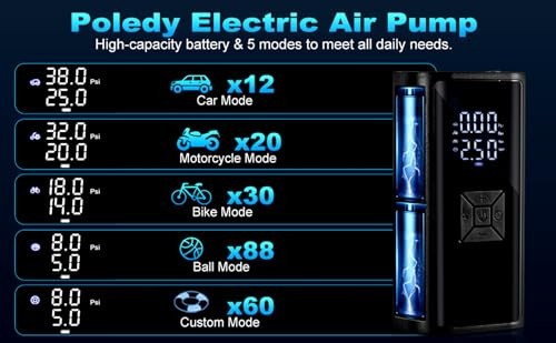 Tire Inflator Portable Air Compressor with LED Light, POLEDY Electric Bicycle