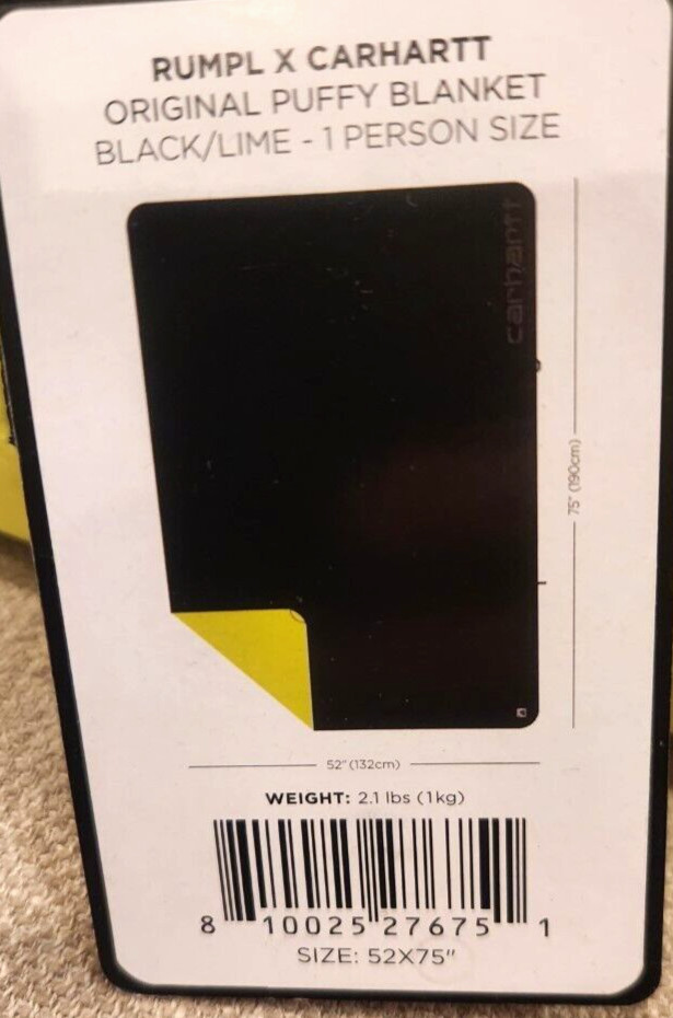 New RUMPL X CARHARTT ORIGINAL PUFFY Black Lime Camping quilted BLANKET 52 X 75