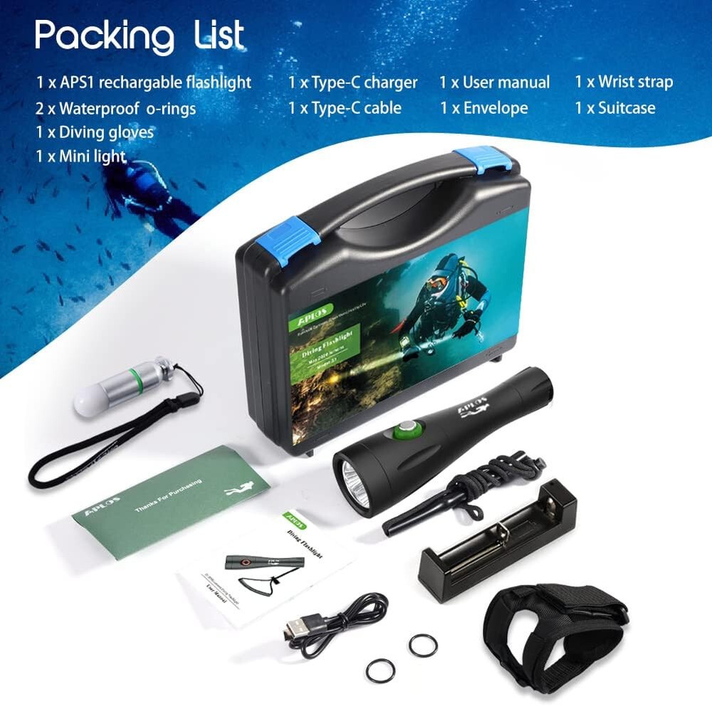 APLOS S1 2000 Lumen 4 Lighting Modes Dive Light with Power Indicator Set